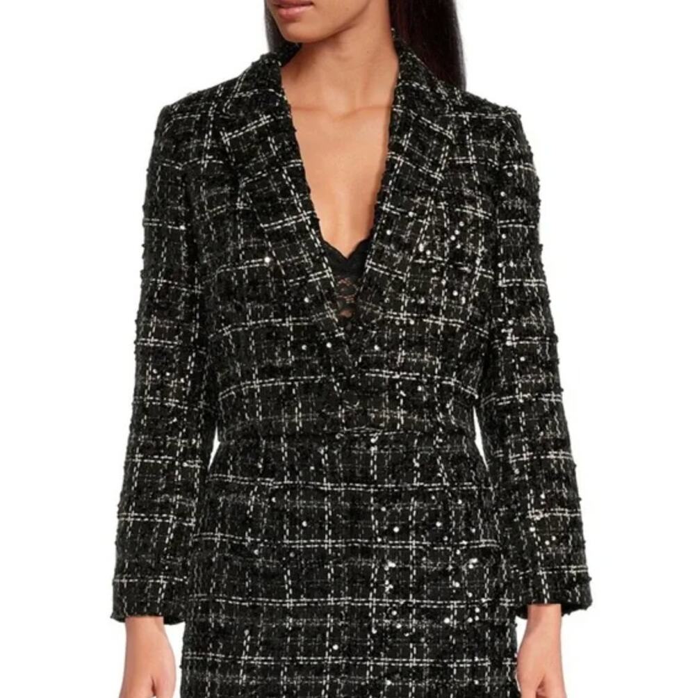 Gianni Bini Sadie Tweed Cropped Blazer Jacket Preppy Retro Sequin Black US 0 NWT